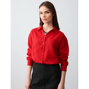 Jimmy Key  Kırmızı Düz Kesim Uzun Kollu Dokuma Keten Gömlek
