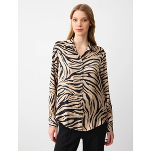 Jimmy Key  Bej Çizgi Desenli Uzun Kollu Saten Dokuma Gömlek