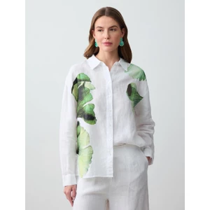 Jimmy Key  Beyaz Floral Desenli Uzun Kollu Keten Gömlek