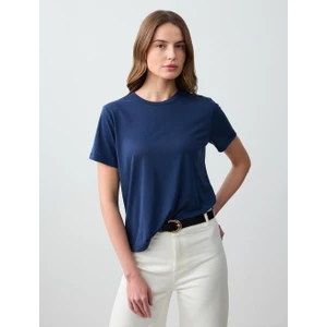 Jimmy Key Lacivert Bisiklet Yaka Kısa Kollu Örme Modal Tişört