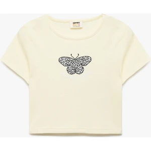 Kelebek Baskılı Kısa Kollu Bisiklet Yaka Pamuklu Tişört