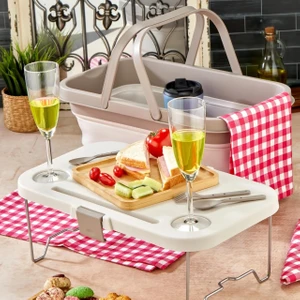 Bigmate Portatif Katlanır Piknik Seti 25LT Silikon Sepetli Masalı Piknik Sepeti