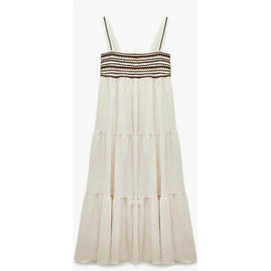 Viskon Keten Karışımlı Kolsuz Katlı Kare Yaka Uzun Askılı Müslin Elbise