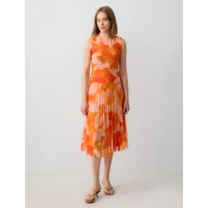 Jimmy Key Turuncu Normal Bel Piliseli Çiçek Desenli Mesh Örme Midi Etek