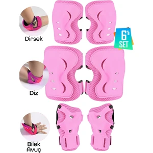 6'lı Yüksek Koruma 3-12 Yaş Paten Scooter Bisiklet Kaykay Diz Dirsek El Koruma Koruyucu Seti Pembe