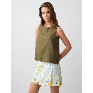 Jimmy Key Sarı Normal Bel Düz Kesim Desenli Keten Mini Etek