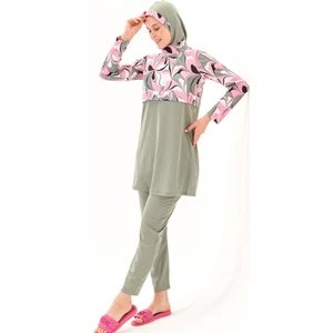 2156_Kadın Desenli Tam Kapalı 4'lü Takım Deniz/HavuzTesettür Mayo