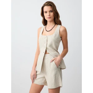 Jimmy Key Taş Düz Kesim Normal Bel Çizgi Desenli Keten Şort