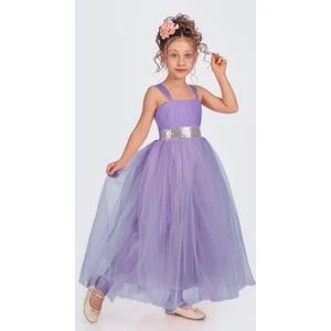 Sırt Gipeli Tütü Etek Kız Çocuk Saten Parti Abiye Elbise MNK0340 Lila