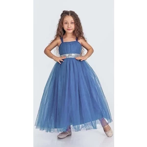 Sırt Gipeli Tütü Etek Kız Çocuk Saten Parti Abiye Elbise MNK0340 Indigo