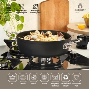 Dark Granit Basık Tencere Cam Kapaklı Yanmaz Yapışmaz Titanyum Kaplama   - 26 cm