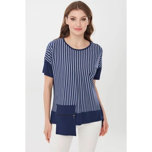 Desen Triko Desen Çizgili Cepli Kadın Bluz