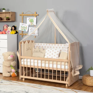 Ahşap Organik Beşik Anne Yanı Beşik 3 Kademeli Lüx Bebek Beşiği 60 x 120 cm - Krem Prens Uyku Setli & Soft Yataklı