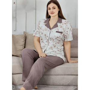 Gömlek Yaka Önden Düğmeli Çiçek Desenli Kısa Kollu Kadın Pijama Takımı 6690 Ekru