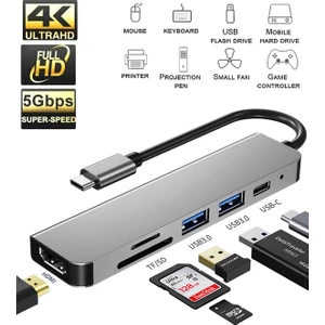 3134 USB Type-C Hub Dönüştürücü Çevirici Çoklayıcı USB Hdmi Micro Sd Tf 6 Girişli