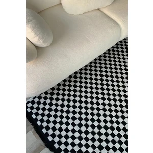 Akça Dama Desenli Yıkanabilir Dokuma Kaymaz Taban Halı Yolluk Kilim Beyaz