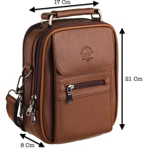 Çok Bölmeli El ve Omuz Askılı Vegan Deri Fermuarlı Erkek Çantası (Orta Boy) - Taba