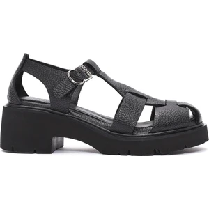 Kadın Siyah Bilekten Bağlamalı Kalın Topuklu Deri Sandalet 25SFD2016FT