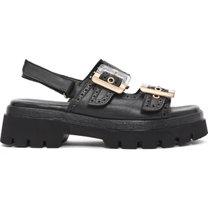 Kadın Siyah Tokalı Bantlı Kalın Tabanlı Deri Sandalet 25SFD202318