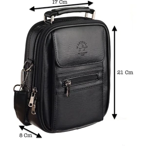 Çok Bölmeli El ve Omuz Askılı Vegan Deri Fermuarlı Erkek Çantası (Orta Boy) - Siyah