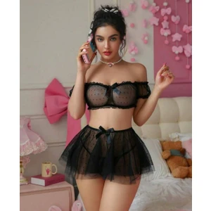 Intive Puantiye Desen Tül Siyah Transparan Mini Crop Etek Tanga Takım