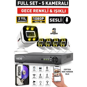 Sesli - 5 Kameralı Fullhd Gece Renkli ve Işıklı Güvenlik Kamerası - Kamera Seti 500GB Disk