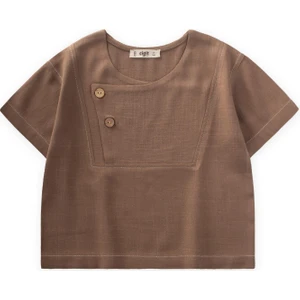 Kontrast Dikişli Keten Bluz 2-7 Yaş Caramel