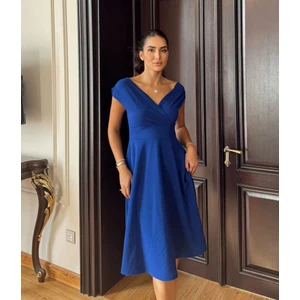 Nidam Butik Kadın Kısa Kollu Kruvaze Yaka Eteği Volanlı Krep Elbise