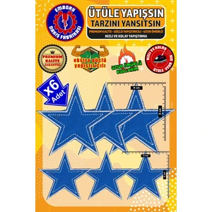 Ütü ile Yapışan Arma Yama, Mavi Yıldız (6 Adet) Ütüyle Yapışan Nakış Dokuma Aplike Patch