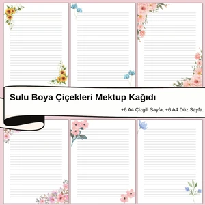 Sulu Boya Çiçekleri Mektup Not Kağıdı, +6 Düz Kağıt +6 Çizgili Kağıt (A4 Boyut)