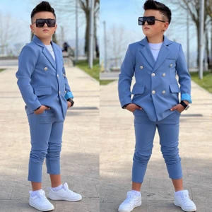 4 Parça 6 Düğmeli Ceketli Erkek Çocuk Takım Elbise - Beyaz Tshırt