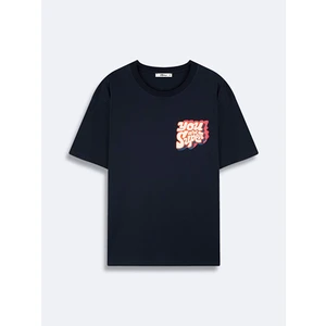 Erkek Kısa Kollu Sıfır Yaka Slogan Baskılı Regular Lacivert T-shırt