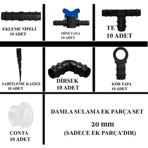 Damla Sulama Ek Parçası 20 Mm'lık Set Kazık Tapa Vana Dirsek Ekleme Nipeli Conta Te