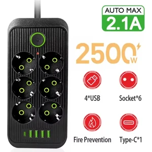 6 Soket 4 USB 1 Pd Şarj Termal Akım Korumalı Priz 2 Metre Kablo Çoklu Priz 6 Lı Priz