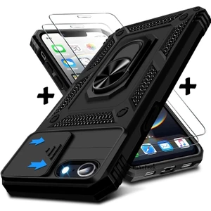 M.TK Moveteck Apple iPhone 16E Kılıf Kamera Korumalı Sürgülü Yüzüklü Armor Tank Kapak + 1 Adet 9h Ekran Koruyucu Cam Set