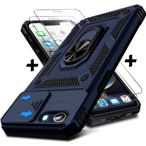 M.TK Moveteck Apple iPhone 16E Kılıf Kamera Korumalı Sürgülü Yüzüklü Armor Tank Kapak + 1 Adet 9h Ekran Koruyucu Cam Set