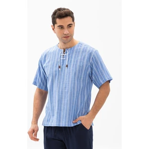 Eliş Şile Bezi Büyük Beden Kısa Kol Şile Bezi Zımbalı Erkek Tshirt Mavi Beyaz Çizgili