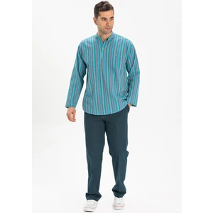 Eliş Şile Bezi Uzun Kol Şile Bezi Tek Cepli Hakim Yaka Erkek Tshirt Turkuaz Çizgili 3071