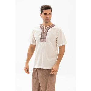 Kısa Kol Şile Bezi Bisiklet Yaka Etnik Erkek Yazlık T-shirt Krem Krm