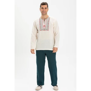 Eliş Şile Bezi Uzun Kol Şile Bezi Bisiklet Yaka Bahriyeli Erkek T-Shirt Krem 3002
