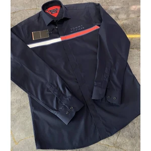 Göğüsde Bayrak Şeritli Dar Kesim Lacivert Gömlek