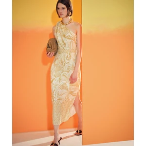 Asimetrik Kol Keten Elbise IS1250002371003