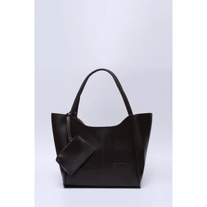 Kahve Rengi SHK108 Çıtçıtlı Suni Deri Cüzdanlı Makyaj Çantalı Kadın El ve Omuz Çantası U:25 E:38 G:15 cm