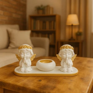 Özel Tasarım Altın Desenli Kanatlı Melek , Mumluk ,4lü Set