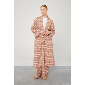 Kiremit Desenli Keten Kuşak Bağlamalı Kimono Takım
