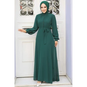 Düğme Detaylı Yeşil Tesettür Elbise 2703Y