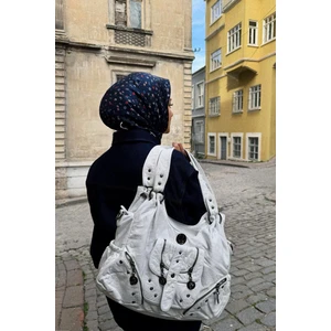 Beyaz Metal Zımba Detaylı Omuz Çantası