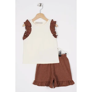 Bisiklet Yaka Sıfır Kol Kol Kenarları Fırfırlı Sortlu Ekru Kahve Renk Kız Çocuk Ikılı Takım
