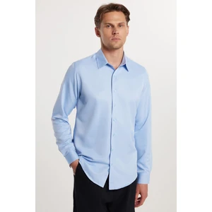 Slim Fit Uzun Kollu Kolay Ütü Teri Emen Nefes Alan Doku Kravatlık Dört Mevsim Mavi Erkek Gömlek