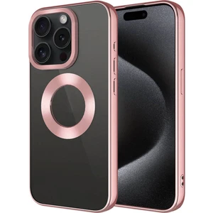 Apple iPhone 15 Pro Max Kılıf Tek Kamera Çerçeveli Renkli Kenarlı Logo Yeri Açık Şeffaf Silikon Rose Gold